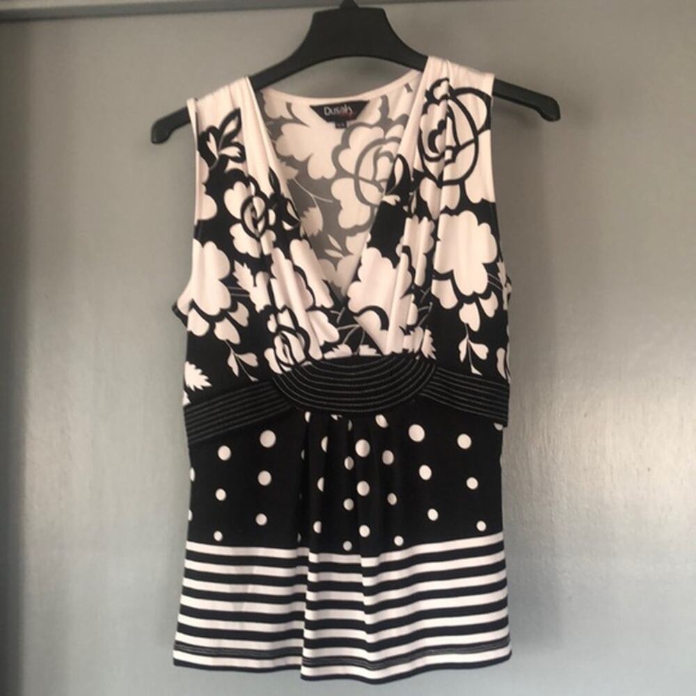 Dusak size XL black white Floral Dots sleeveless V Neck top Stretchy Babydoll